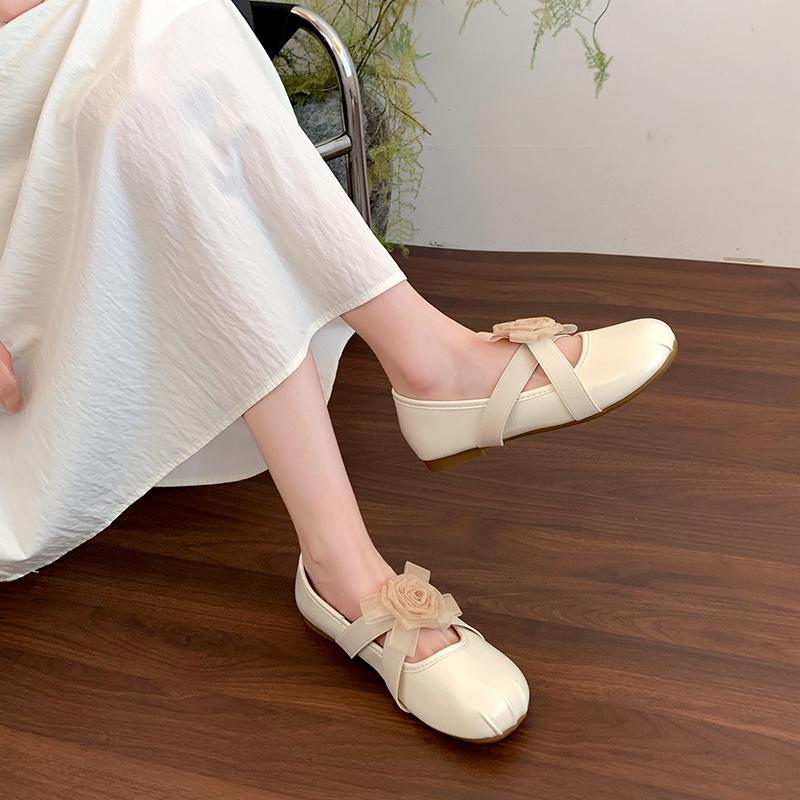 Fashion 2025  Women's Cow Leather Pleated Round Toe Slip-on Flats Sweet Flower Elastic Band Cross Strap Slip-on  Thick Low Heeled Shoes
