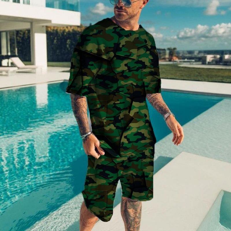Casual round Neck Sports Suit for Men Printed Leisure Active Wear Short Sleeve Loose Fit Youthful Style Spring Summer Collection