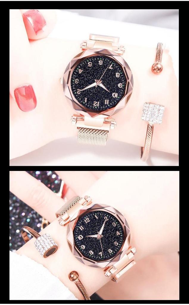 Women Fashion Luminous Numbers Starry Sky Quartz Watch Magnetic Wristwatch Buckle