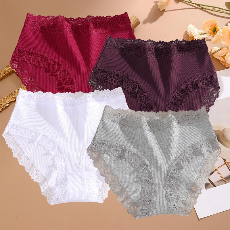 

4PCS Sexy Lace Cotton Panties for Women Flroal Lace Seamless Briefs High Rise Lingerie Female Breathable Soft Underwear XXL