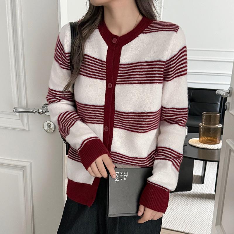 Autumn/Winter 2024 Women's 100% Wool Striped Cardigan - Round Neck, Loose Fit Sweater Coat