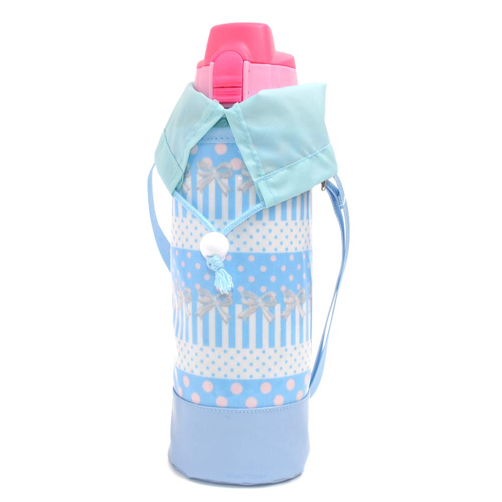

Large size water bottle cover for girls and children, case, holder, shoulder strap, featuring polka dots and lace ribbons (light blue), colorful