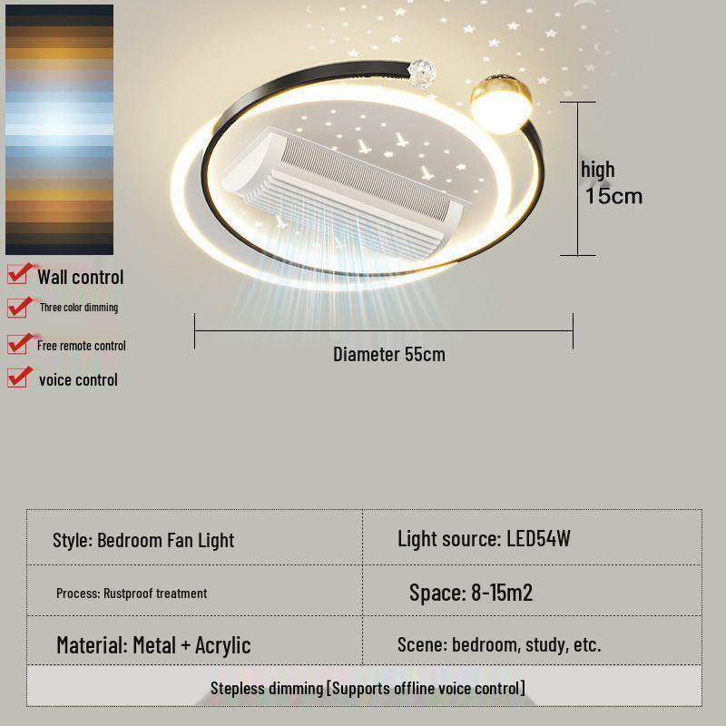 Smart Voice-Controlled Leafless Ceiling Fan Light for Living Room/Bedroom, Tricolor, Stepless Dimming, 110V.