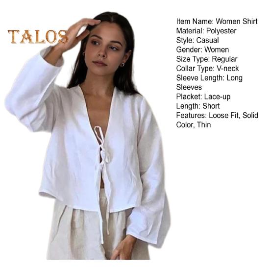 Damen-Shirt mit V-Ausschnitt, langen Ärmeln, lockere Passform, einfarbig, Sommer-Shirt mit Schnürung und Schleife, Strickjacke, Oberteil mit Bindeverschluss