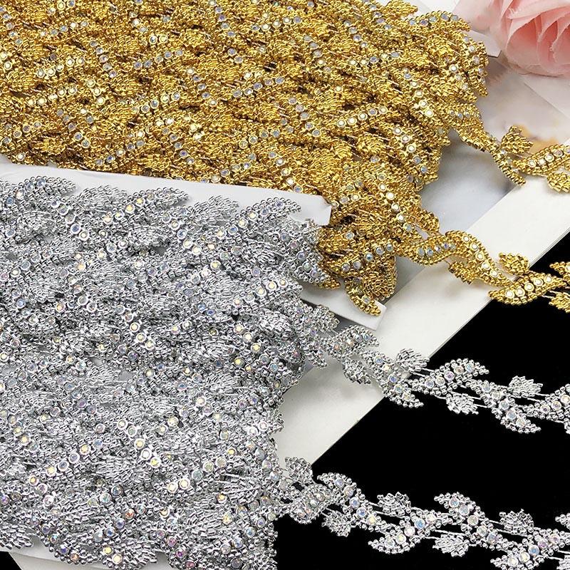 Costume Decorative Silver Gold Plated Trimming Leaf Acrylic Rhinestones Chain Lace Ribbon Dress Upholstery Sewing Textile Trims