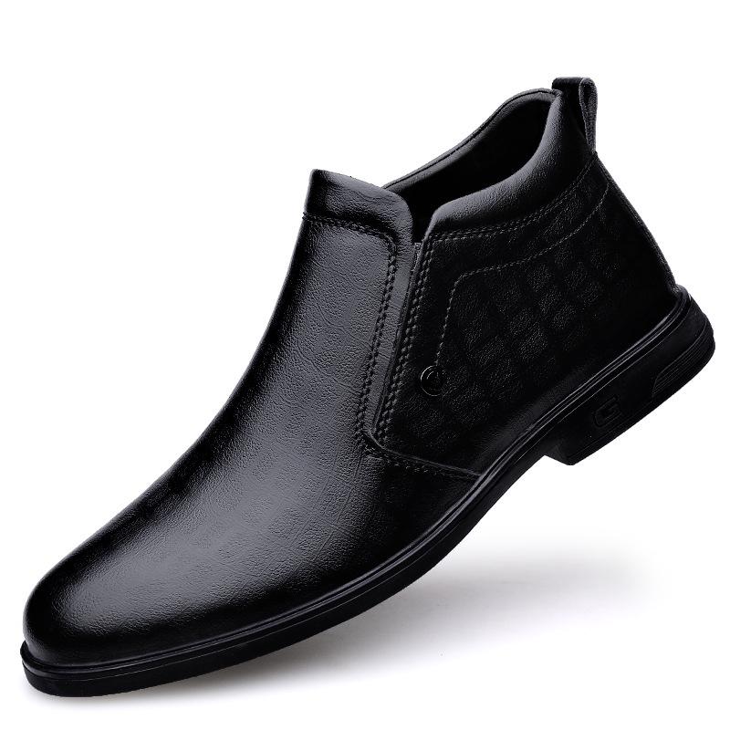 Men's Black High-Top Velvet-Lined Leather Work Boots - Slip-On Dad Shoes for Autumn/Winter