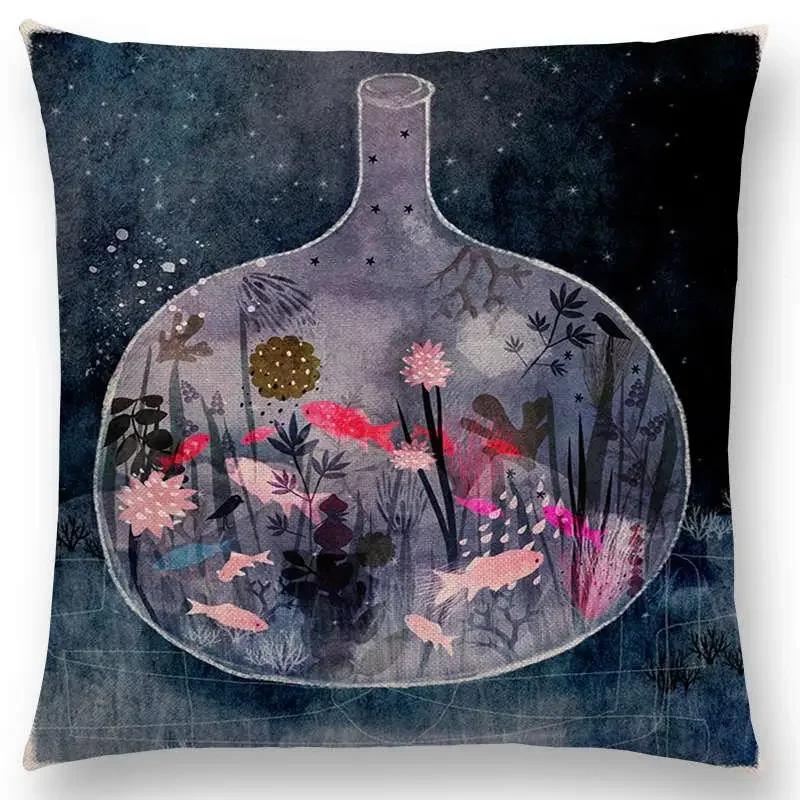 Norrsken Häst Blommor Blad Soffa Kasta Kudde Fodral Träd Blommig Trädgård Magisk Dröm Fantasi Natt Räv Rådjur Enhörning Kuddfodral