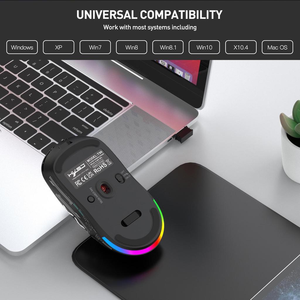 Silent Cross-Platform Wireless Gaming Mouse with RGB & 3600dpi, Rechargeable, Three Modes