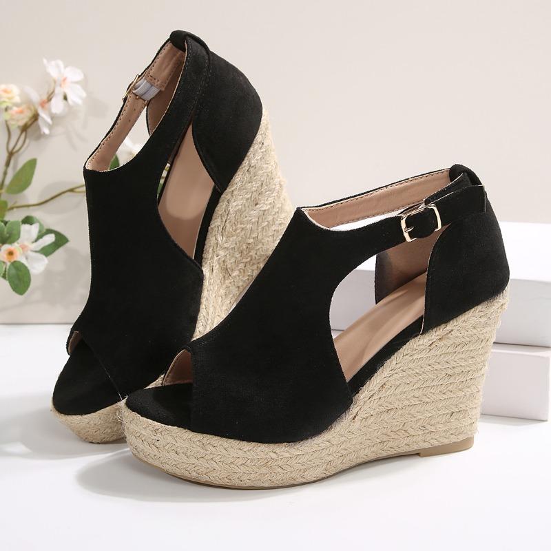 Fashion Slope Heel Sandals Summer New Round Head Open Toe Hollow Metal Buckle Waterproof Platform Non-slip Fish Mouth Heels