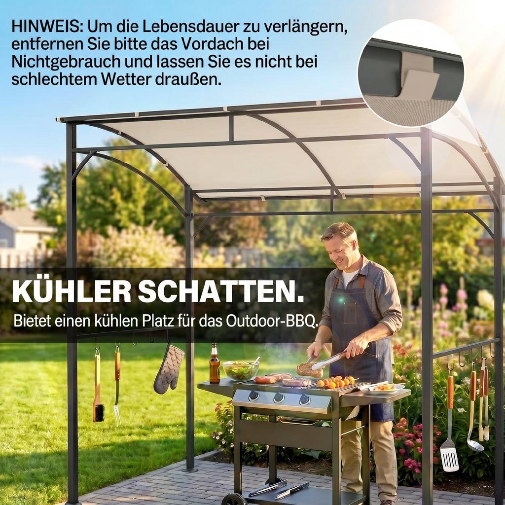 2.2 X 1.5 M BBQ Grill Gazebo Tent, Garden Grill with Metal Frame, Curved Canopy and 10 Hooks, Outdoor Sun Shade, Beige