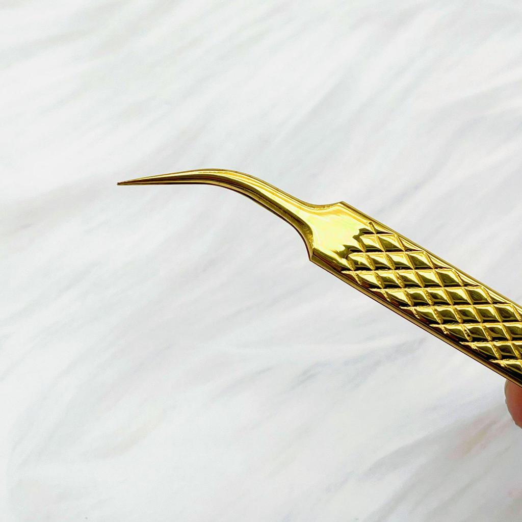 Gold Precision Eyelash Extension Tweezers: Feather Clamp, Dolphin Clamp, Blooming Tweezers