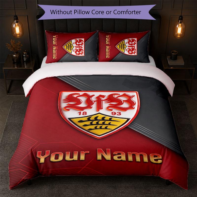 Set Biancheria da Letto Personalizzato VfB Stuttgart FC con Nome Testo 1 Copripiumino+2 Federe Logo Calcio Regalo Personalizzato per Occasioni Speciali Decorazione Camera da Letto