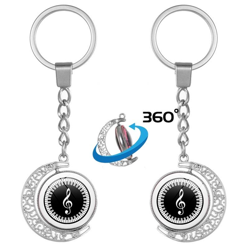 Heart-Shaped Rotating Piano Key Pendant Keychain with Gem and Musical Notes Ornament