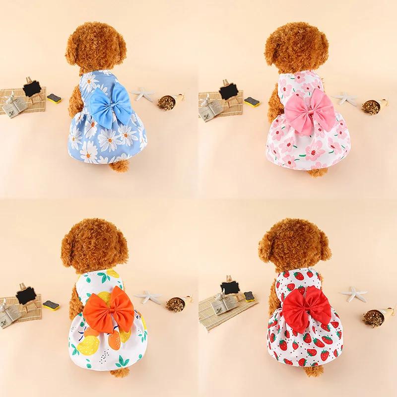 Cute Floral Pet Dog Dress with Bow Summer Princess Puppy Skirt for Small Dogs Cats Teddy