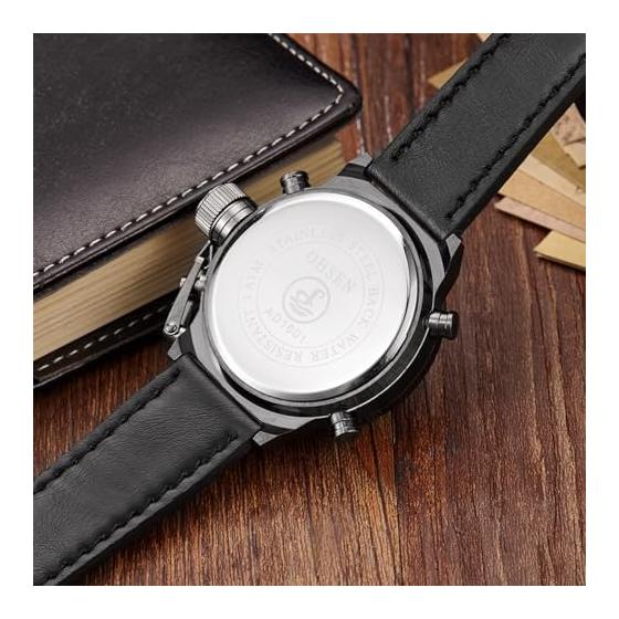 Men's Military Arm Watch: Double Display Digital Outdoor Tactical Watch LED Luminous Quartz Watch Waterproof Large Leather Band Steam Punk Cool Black