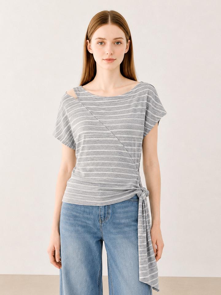 Page Flynn Asymmetrical Cutout Strap T-Shirt_P6Bts039C Striped Gray/Free