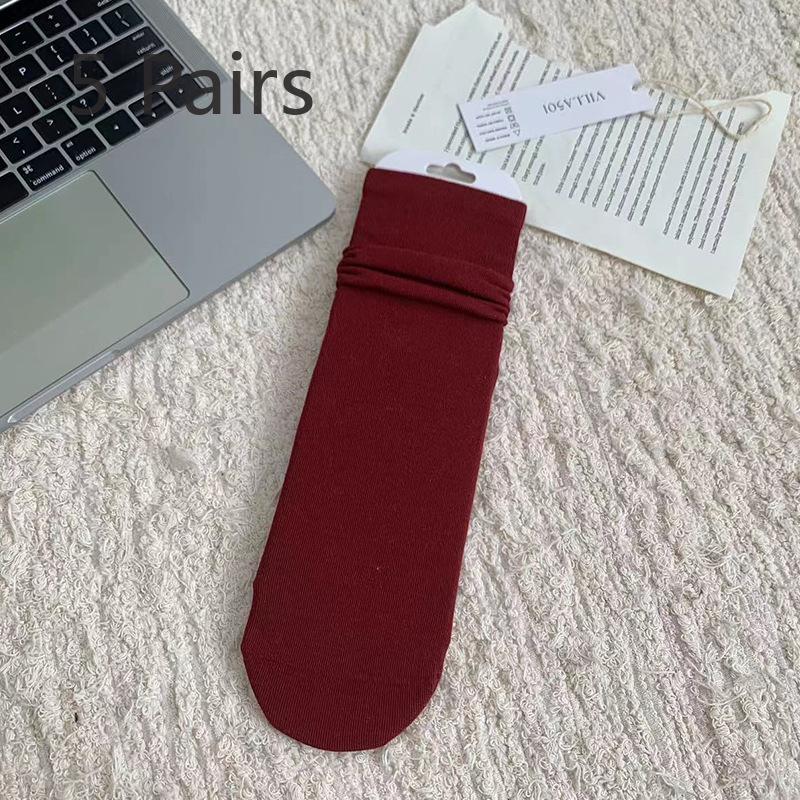 5 Pairs  Autumn and Winter Ankora Red Socks Women Straight Board Boneless Cotton Mid-calf Hundred Stripes Polka Dot Stacked Socks