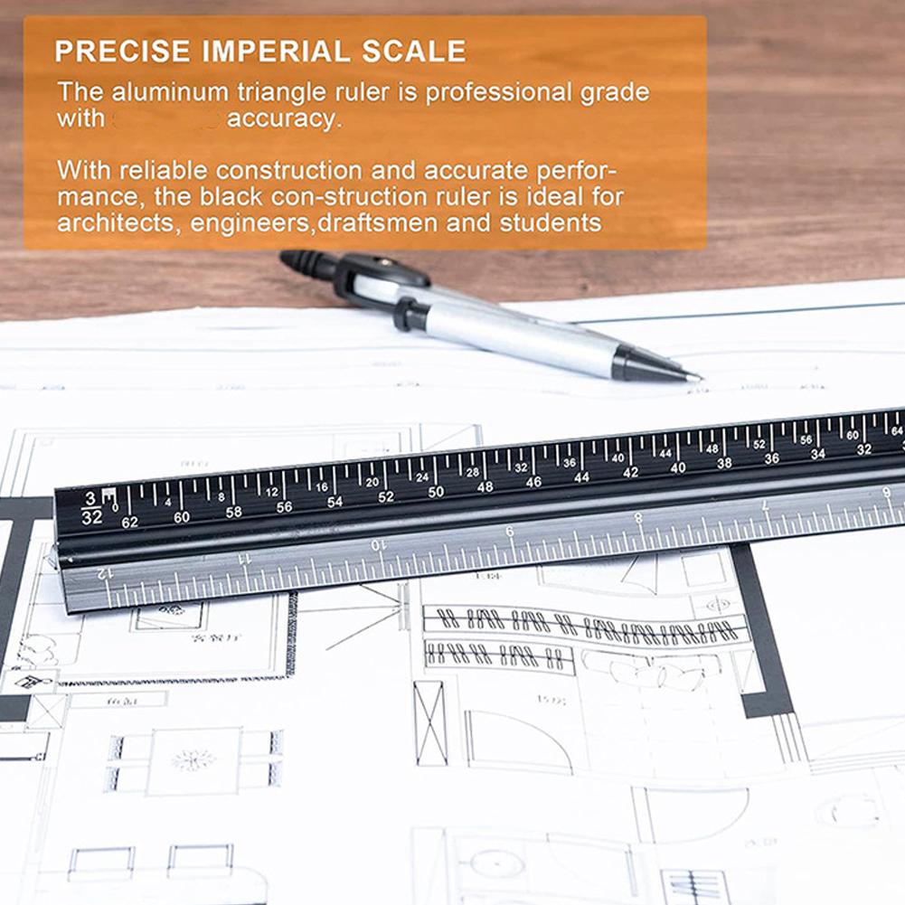Triangular Ruler Scale Aluminum Alloy Ruler Drawing Ruler Architectural Inch 30cm Centimeter In M4F4
