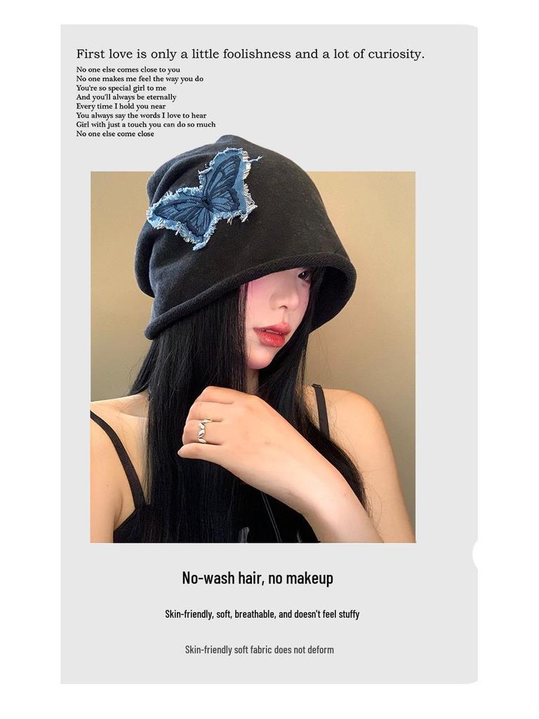 Women's Butterfly Retro Knitted Hat - Autumn/Winter Warm, Solid Color, Rolled Edge Pullover, Small Face Enhancing Design