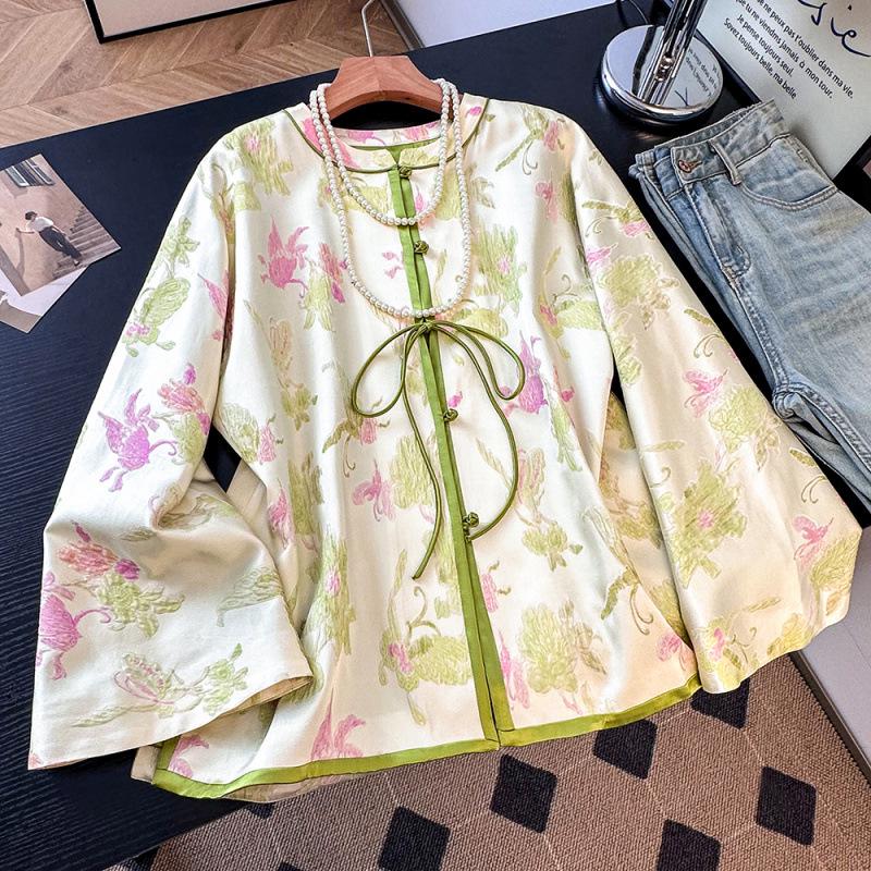 2026 Spring Retro Chinese-Style Casual Jacquard Cardigan for Women - Long Sleeve Loose Fit Outerwear S