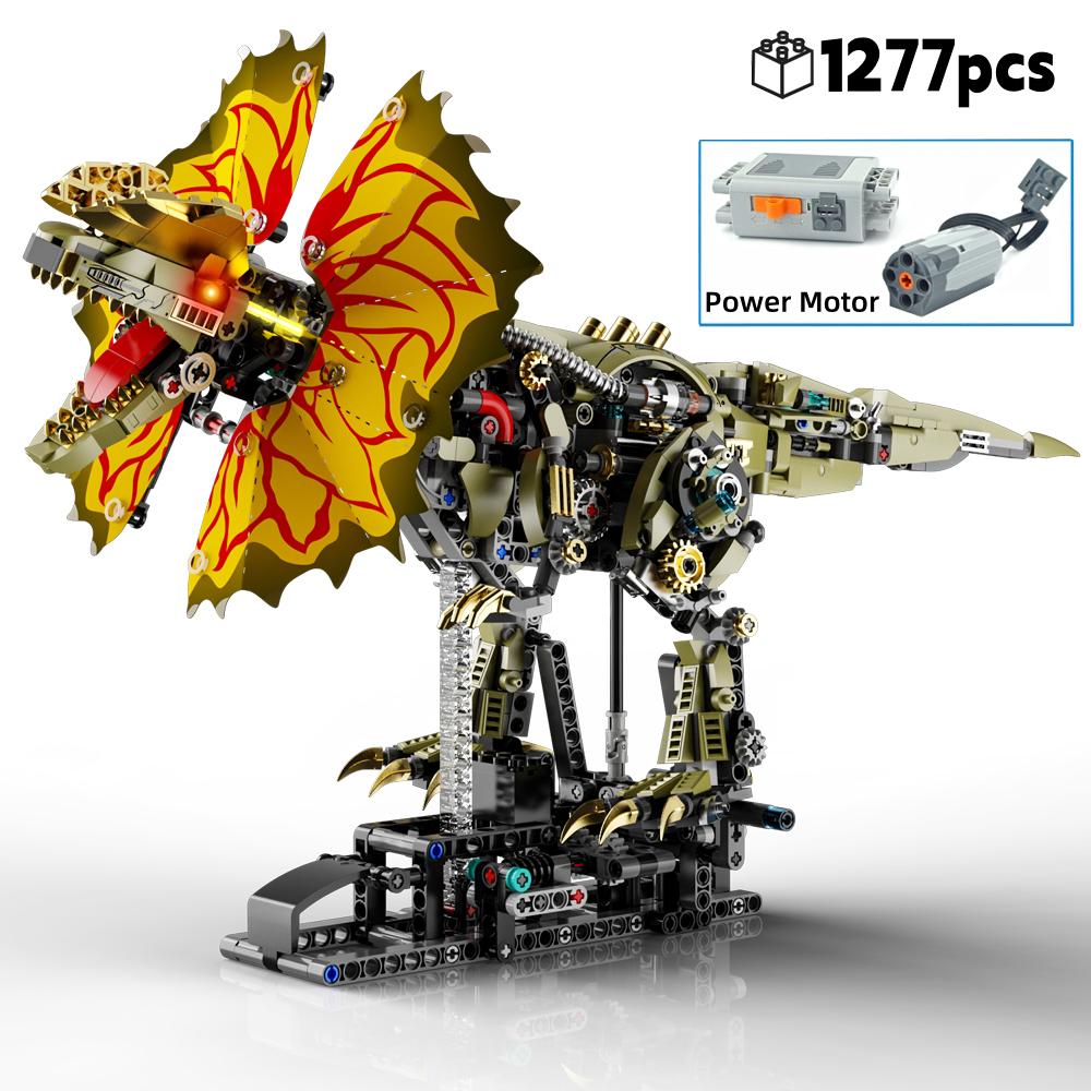Non-Toxic 1277Pcs Mechanical Dinosaur Blocks Dual Crested Dilophosaurus Light Up Moving Model Jurassic Decor Creative Gift Set