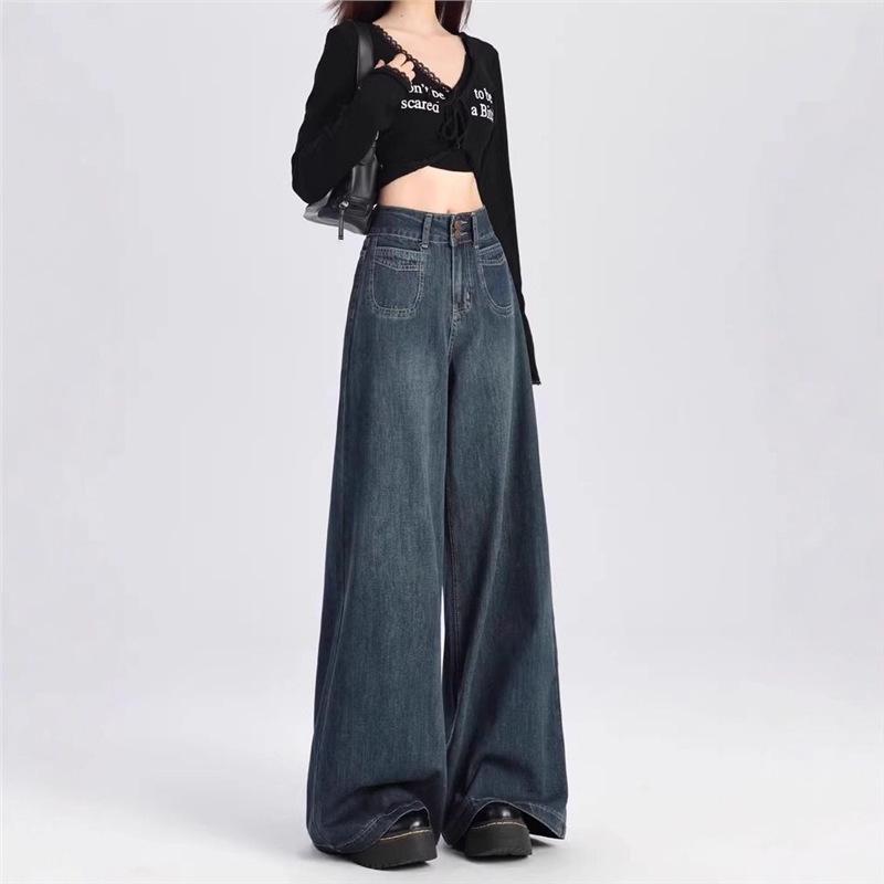 Women s High-Waisted Wide-Leg Retro Jeans - Autumn/Winter Plus Velvet, Petite Slimming, Loose Fit M