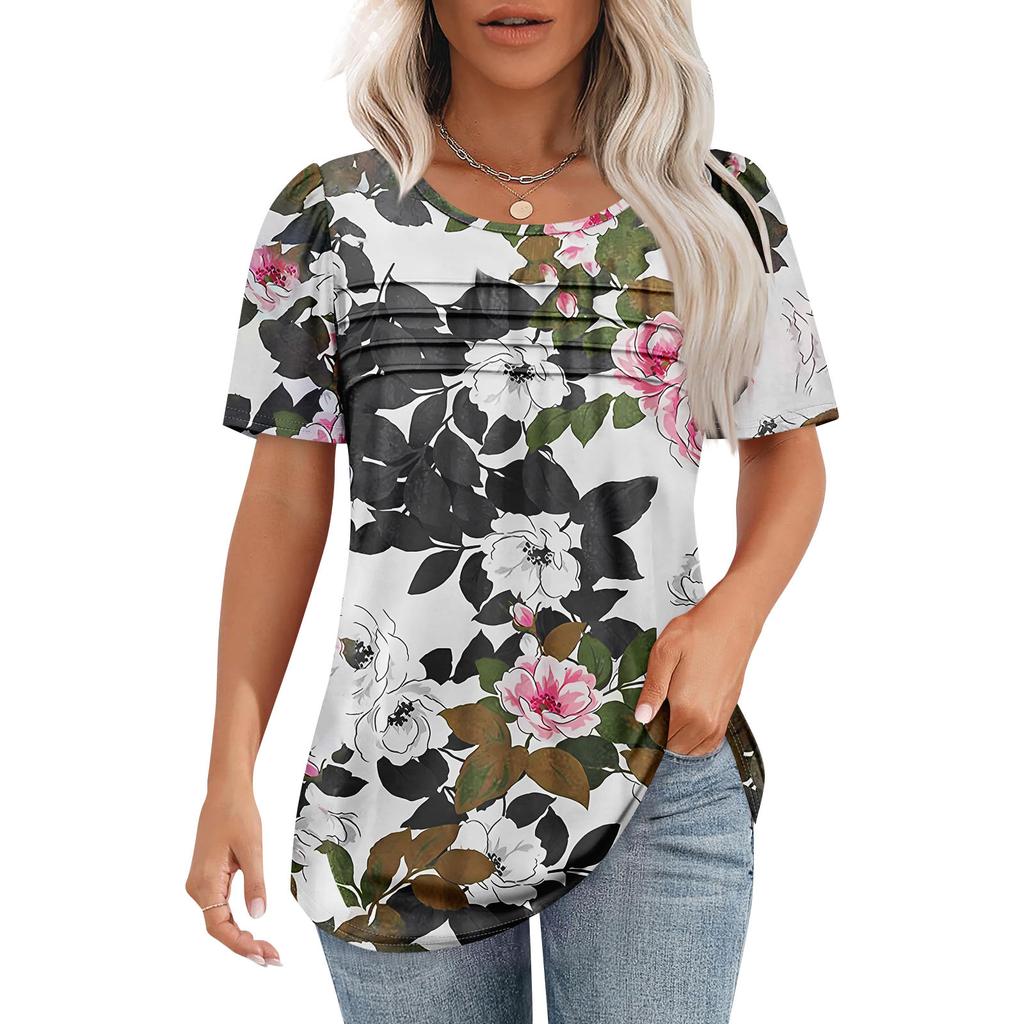 Women's T-shirt Short Sleeve Tops Elegant Casual Shirt Spring Summer Outfit Flowy Pleated Front Round Neck Summer Tops