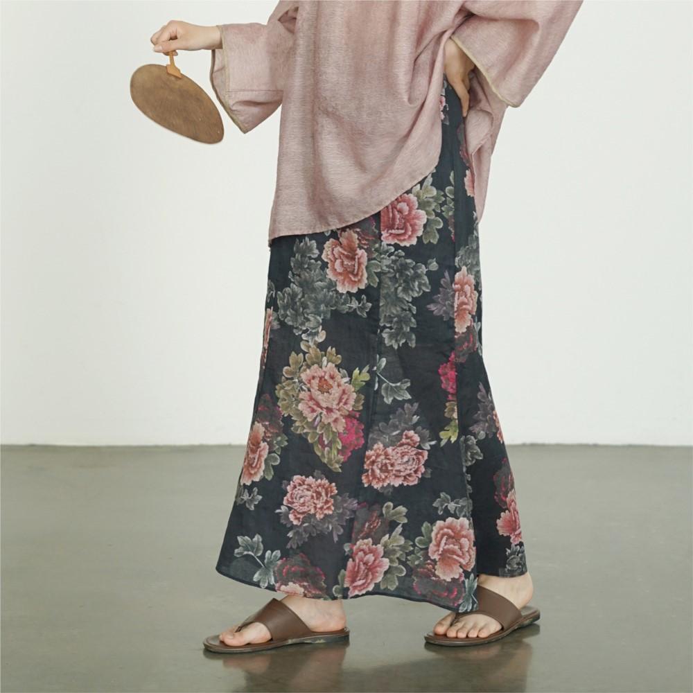 Johnature Women Vintage Print Floral Straight Skirts Spring Chinese Style Ramie Soft Female High Quality Skirts