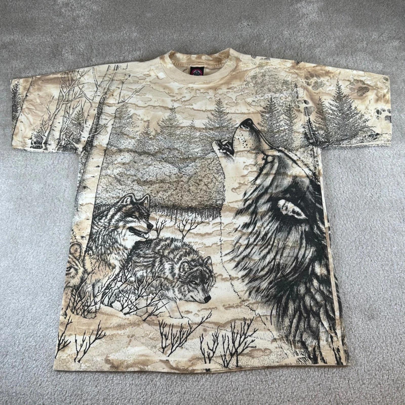 

Vintage 90s Wolf All Over Print T-shirt Men s Large Tan Brown AOP Nature Tee USA L