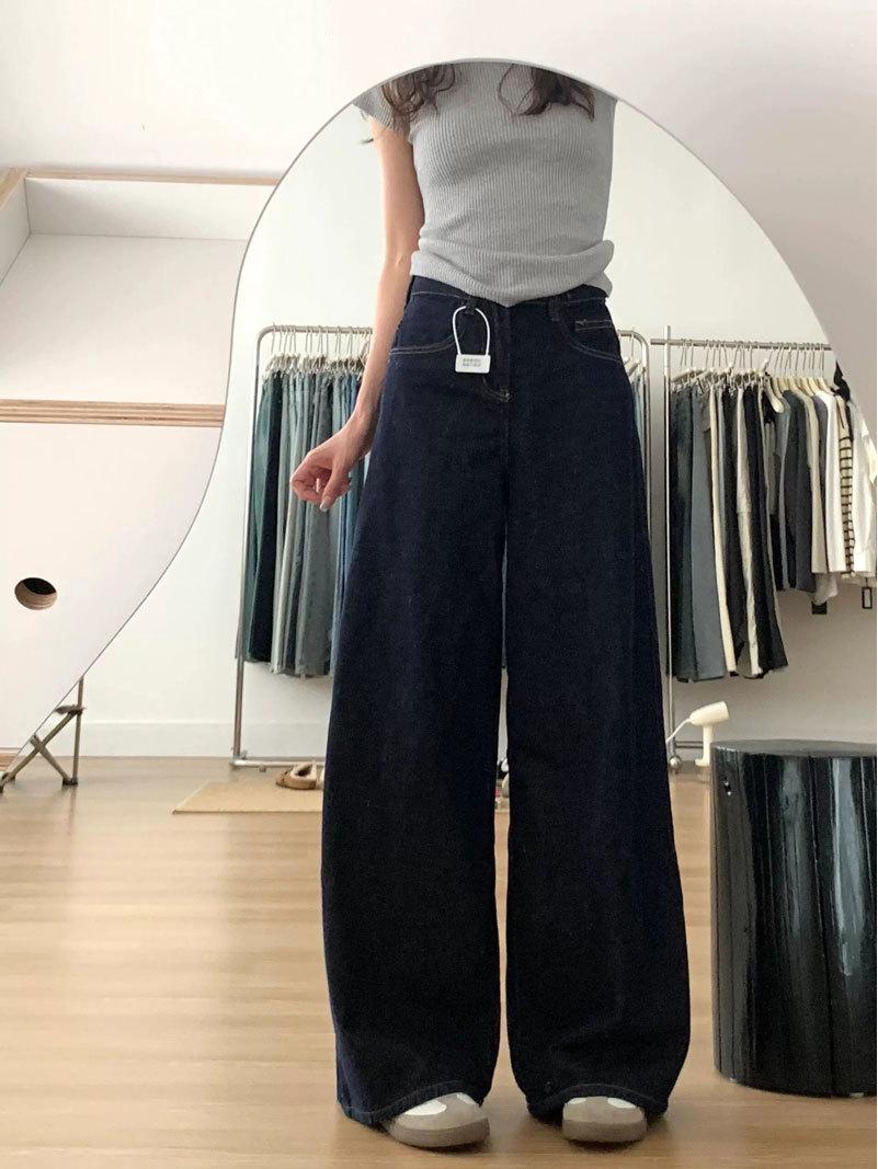 

Темно-синие женские джинсы широкого кроя с высокой посадкой - Ретро американский стиль, весна 2025, джинсовая ткань длиной до пола S темно-синий