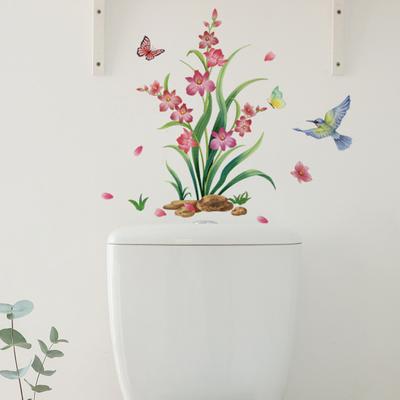 Pegatina de pared autoadhesiva impermeable sin huellas, pegatina de eliminación de flores y pájaros, planta verde, decoración de baño y baño