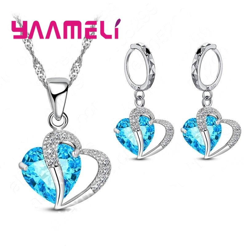 Bridal Jewelry Set Heart CZ Crystal 925 Silver Color Pendant Necklace Earrings for Women Wedding Anniversary Gifts