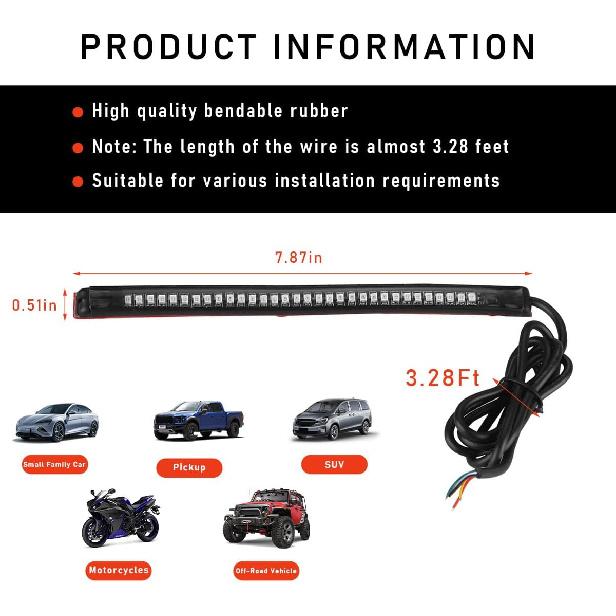 KVAEY 2PCS Universal LED Strip Tail Brake Stop Light, 8" Flexible LED Light Strip Turn Signal License Plate Lights, 12V Waterproof 32LED Light Strip