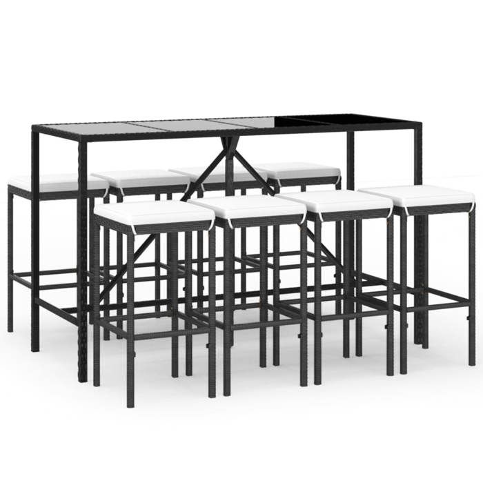 VidaXL Ensemble de bar de jardin 9 pcs avec coussins noir poly rotin, ensemble de table de bar, table et chaise de bar, 3187637