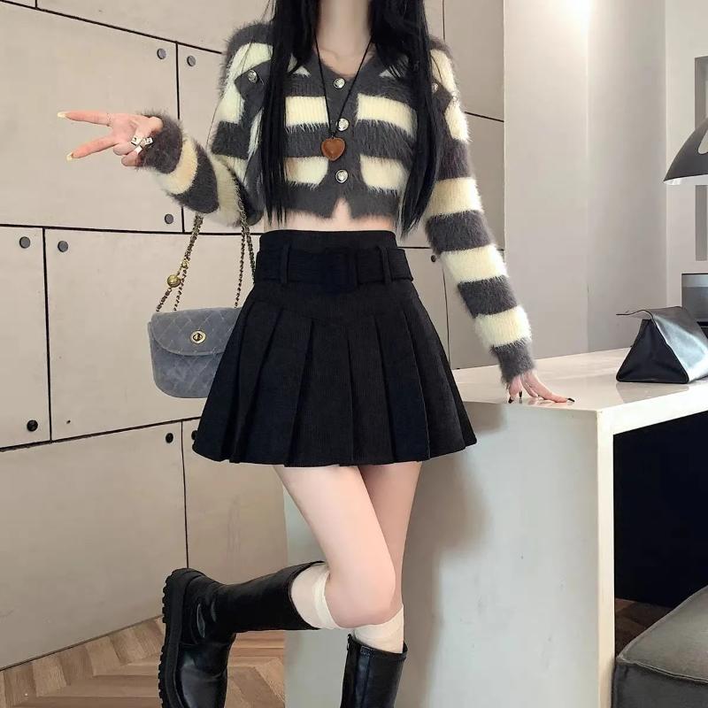 Womens High Waist Corduroy Pleated A Line Mini Skirt With Belt