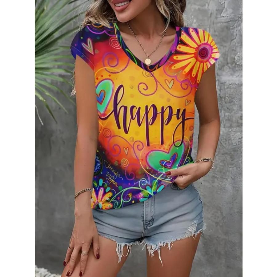 Camiseta vintage para mujer con estampado floral, manga corta, cuello en V, tops cómodos