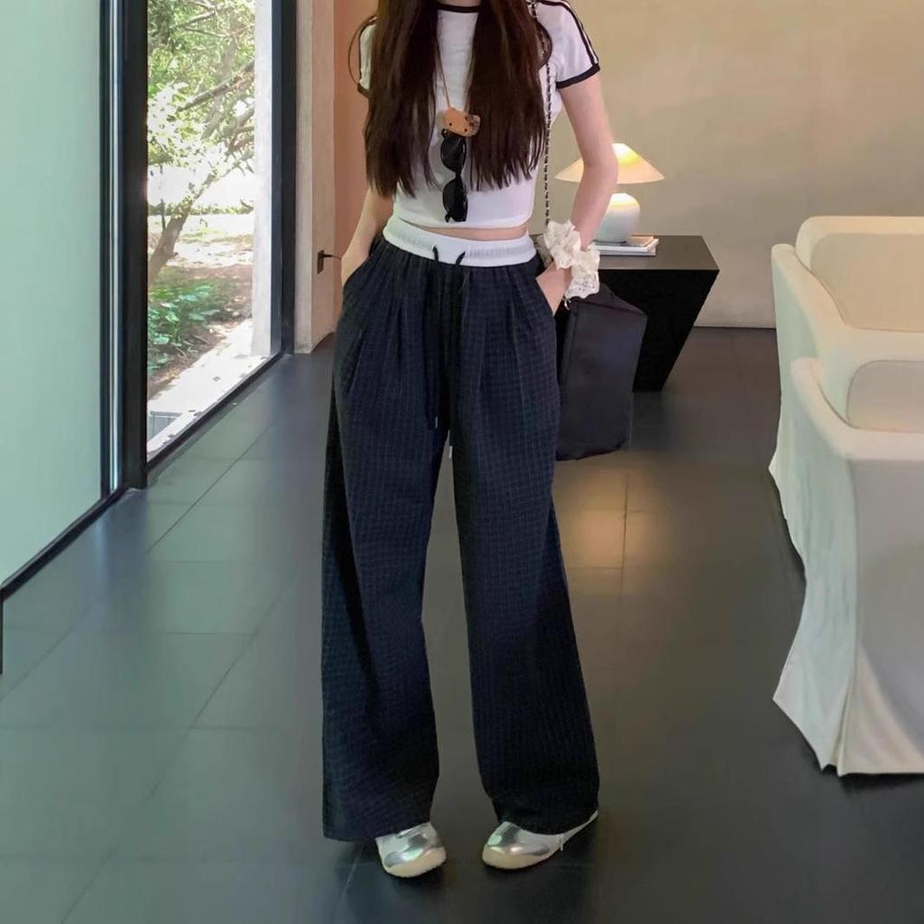 Women's Retro Plaid Wide-Leg High Waist Pants - Spring Casual Loose Fit
