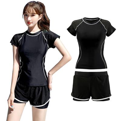 High School Student Short Sleeve Rash Set [Suerba] Women's Swimsuit, Separate, Swimsuit, Guard, Shorts, 2-Piece (M, Black)