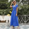 Summer Fall Polka Dot Print Split Long Dress Women Casual V-neck Short Sleeve High Waist Bandage Belt S-XXL
