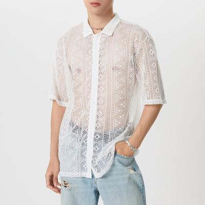 Camisetas de verano para hombre, de manga larga, de malla transparente, informales, con encaje floral y huecos