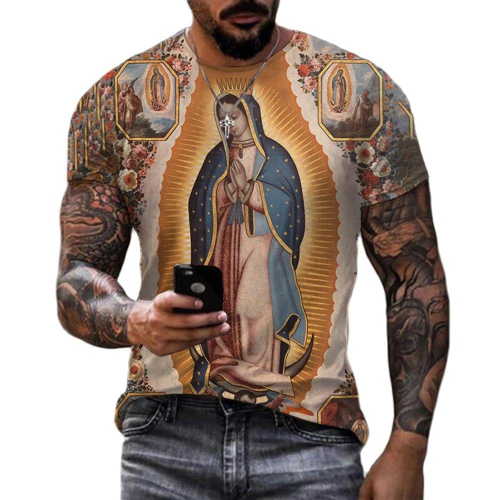 Summer Round Neck 3D Guadalupe Virgin Mary Catholic Print Top Fashionable Casual Short Sleeved Men's T-shirts