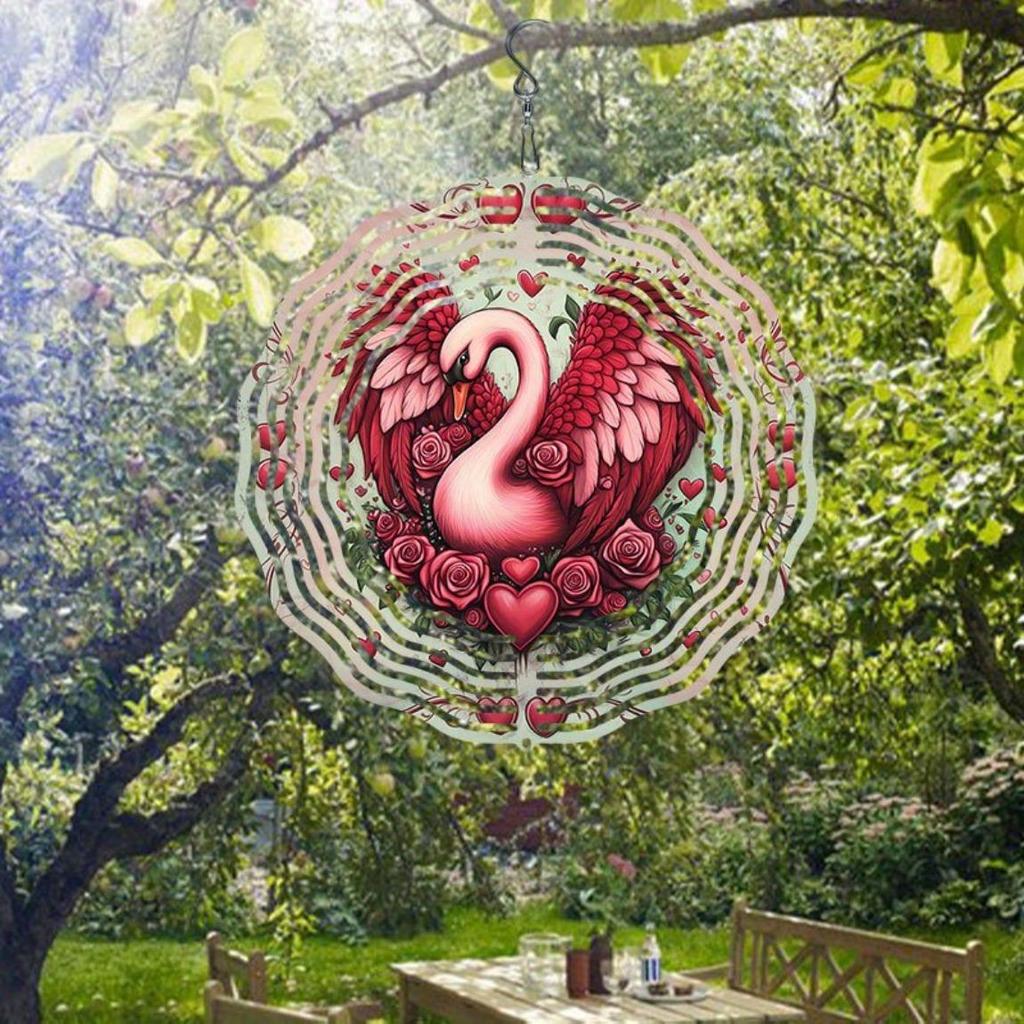 Three Dimensional Mandala Wind Chime with Love Swan Pattern Metal Windmill Dynamic Sculpture for Garden Courtyard Hanging Decoration
