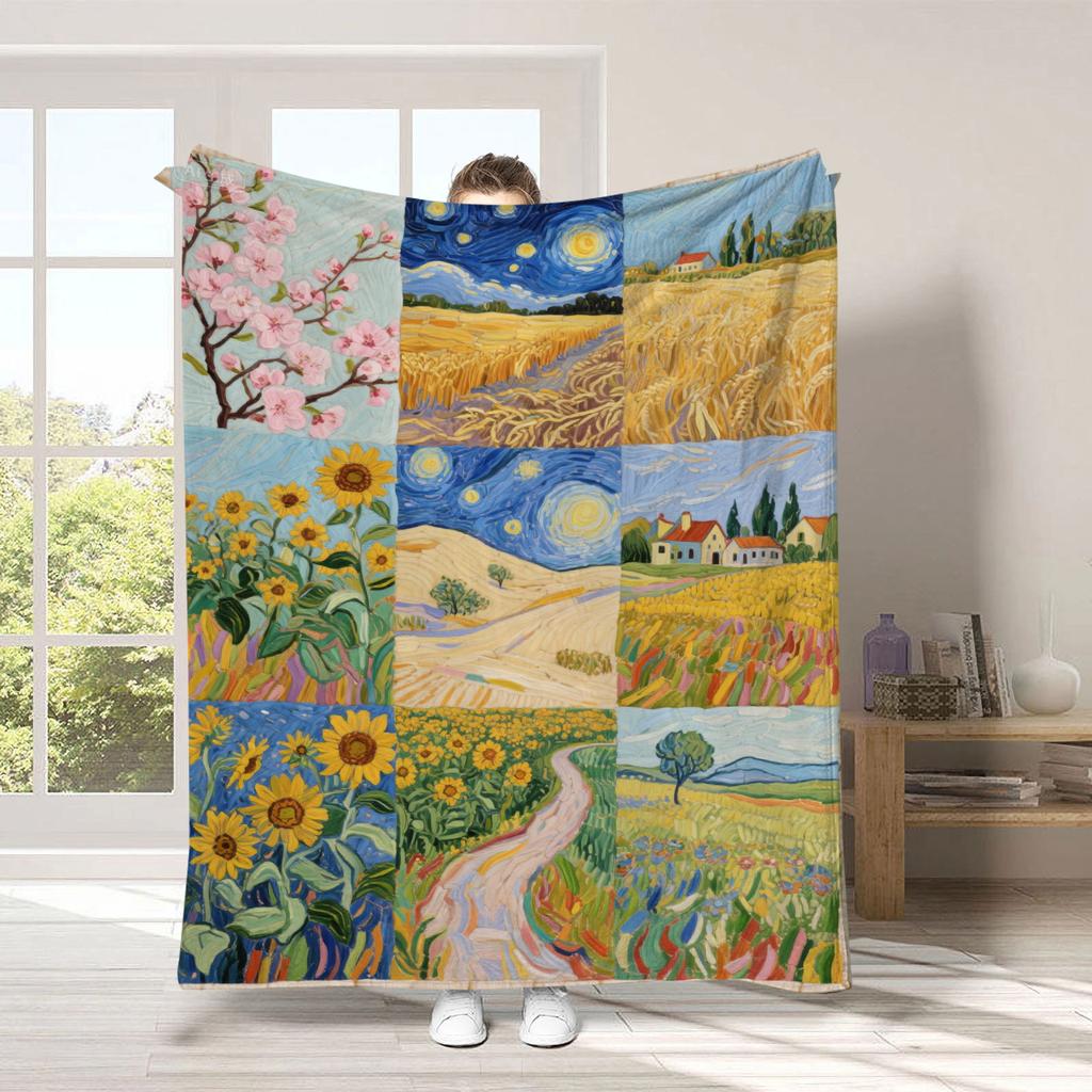 Van Gogh's Checkered Theme polyester Bedroom velvet flannel soft sofa cover blanket Fleece soft sofa cover blankets for beds