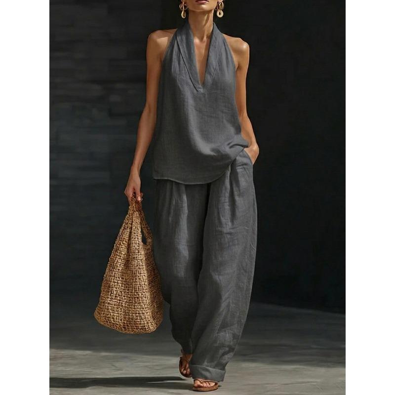 Completo Due Pezzi Estivo da Donna Senza Maniche con Spalle Cadenti Ampio, Pantaloni a Gamba Larga Casual, Outfit alla Moda