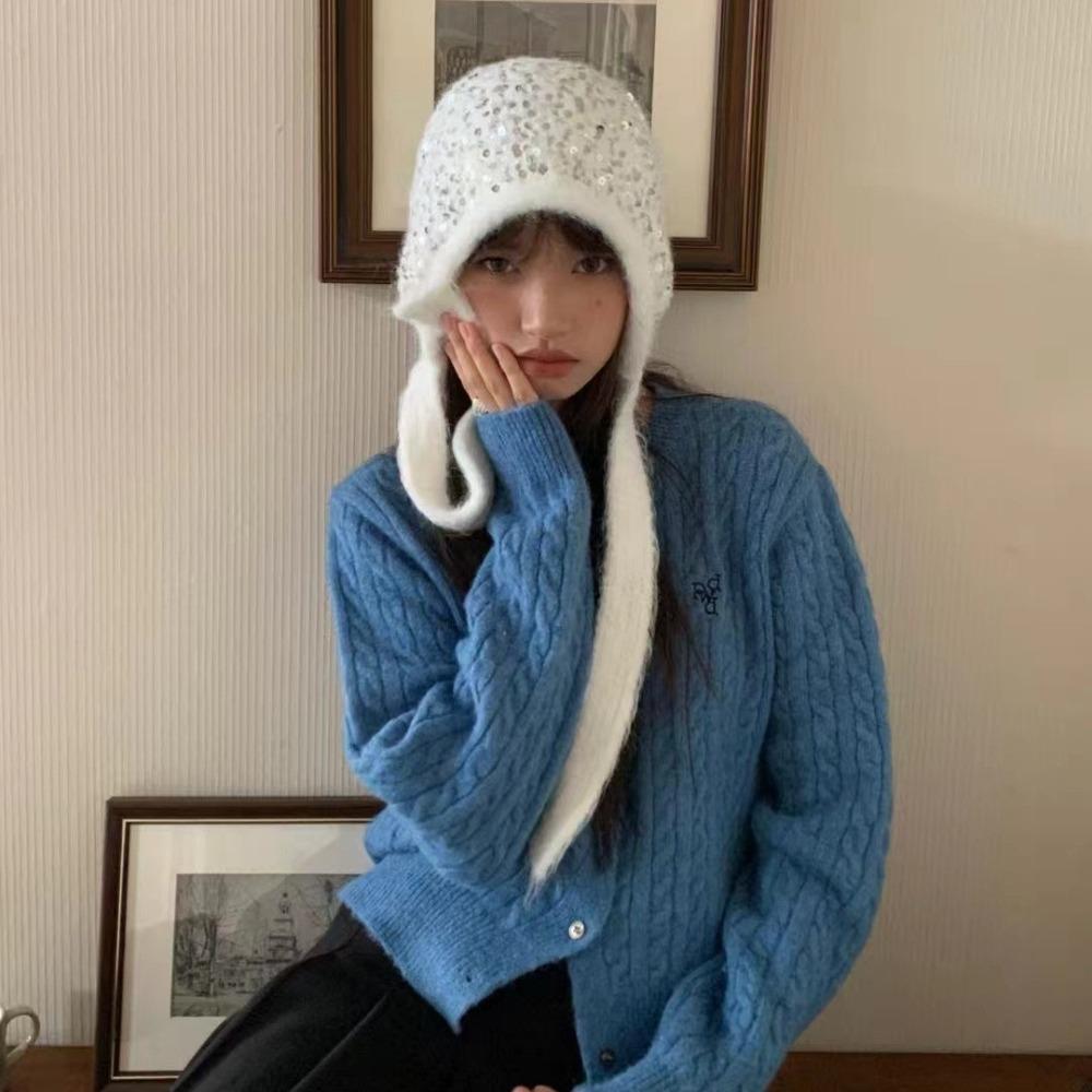 Trendy Luxury Sequined Winter Hat Ear Protection Outdoor Beanies Thick Warm Baotou Knitted Decorative Hat Chrismas Gifts