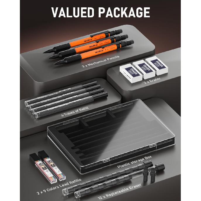 Nicpro 3 PCS 1.3 mm Orange Mechanical Pencils Set with 66 Lead Refill, 3 Eraser - Weatherproof Metal Barrel, Heavy Duty Carpenter Pencil MP2000 for