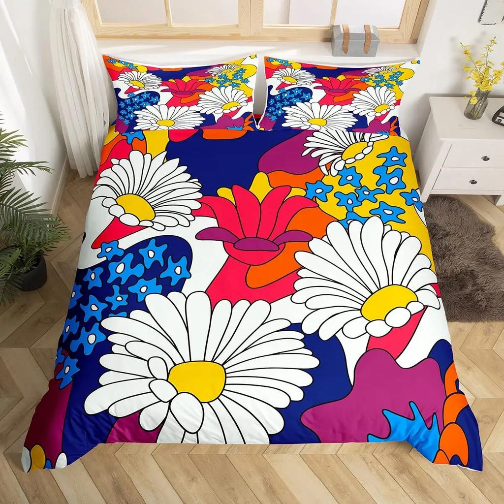 Hippie Flower Duvet Cover Set Boho Mandala Bedding Set Microfiber Groovy Flowers Comforter Cover King for Girls Women Room Decor