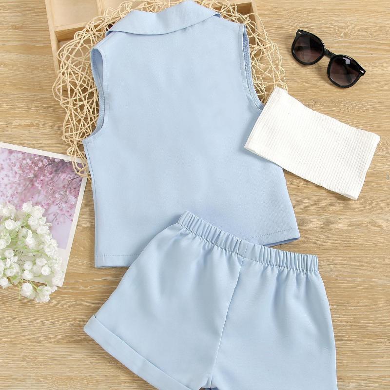 Girls' Fashion Suit Summer Children's Suit Sleeveless Top White Strapless Cuffed Shorts 3-piece Suit