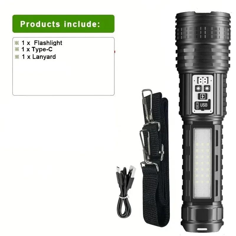 Super Big Flashlight USB Rechargeable Most Strong LED Flash Light Long Range Torch Zoom Outdoor With Digital Power Display
