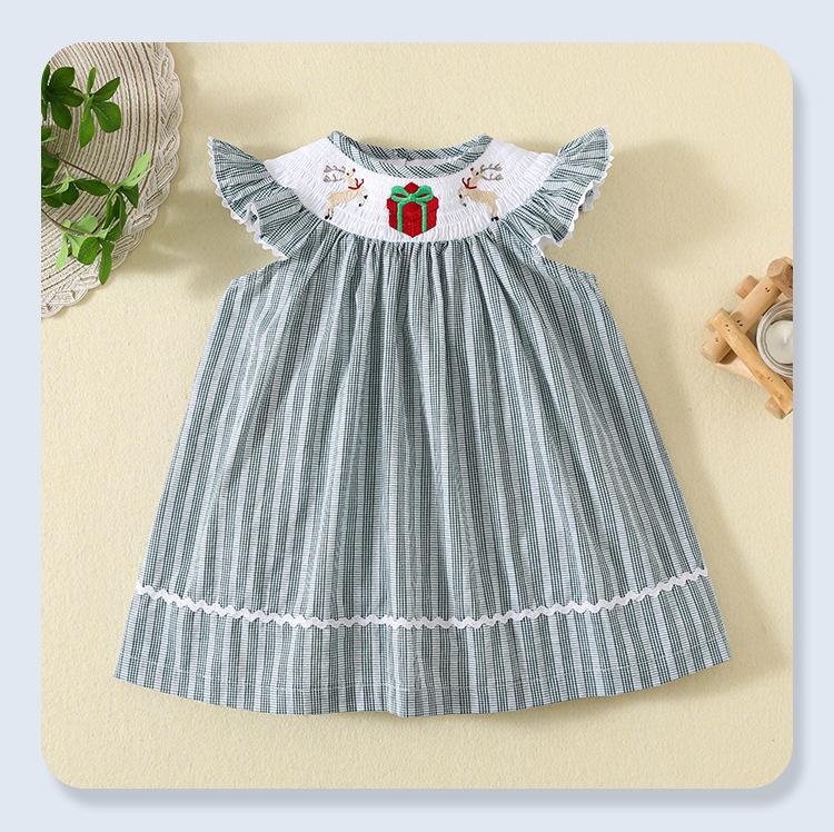 Girls Summer Thin Smocked Dress Cute Cartoon Embroidered Princess Dress for Little and Medium Kids 80cm зелёный